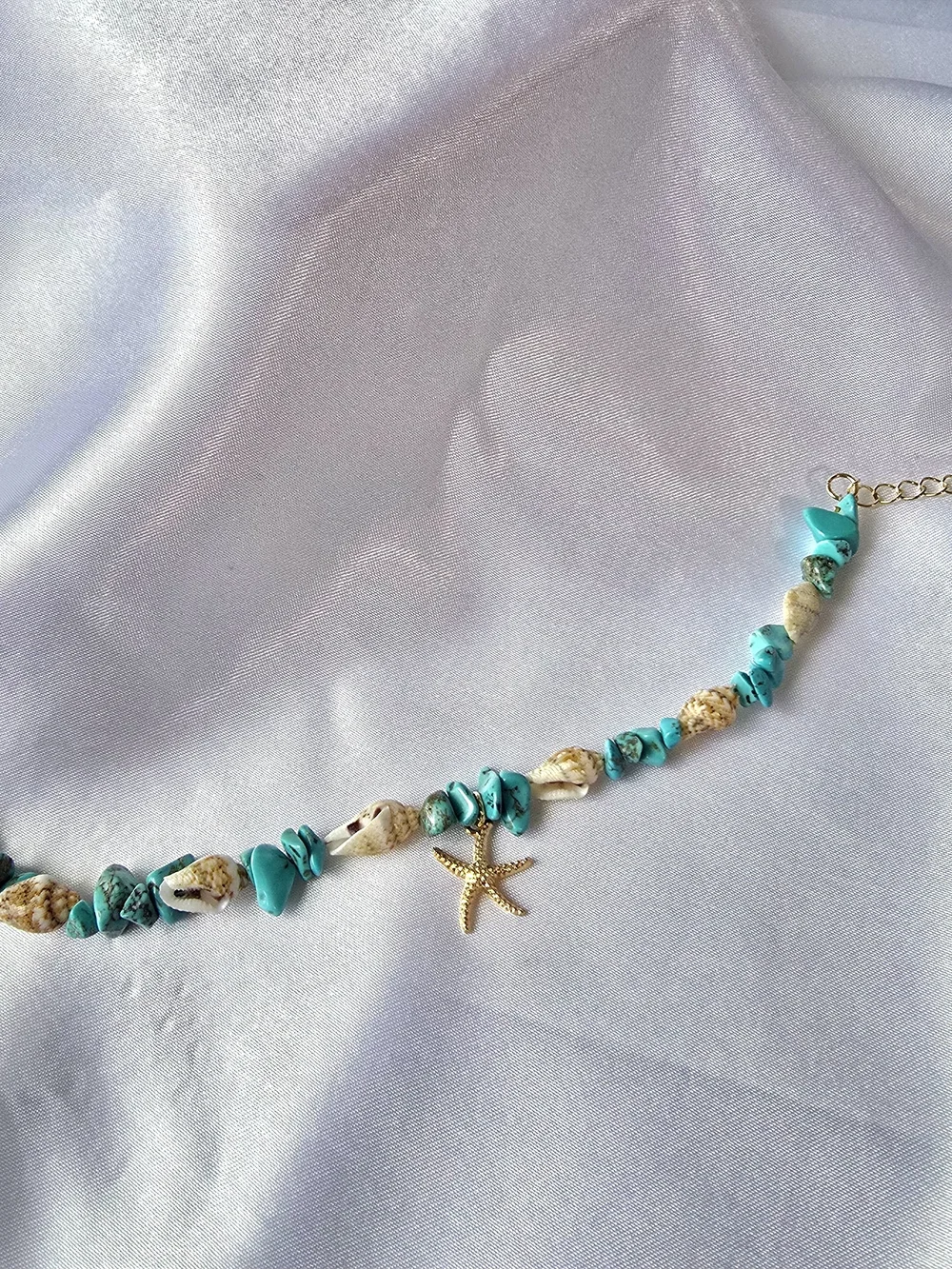 Turquoise‎ & Natural Shell Bead Bracelet w/ Gold Starfish Charm - Women Jewelry
